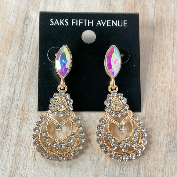Saks Fifth Avenue Gold tone Boho Aurora Borealis Rhinestone Pierced Earrings New - Picture 2 of 5